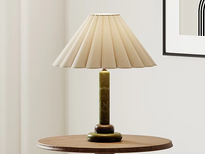 Cream Pleated Lampshade Table Lamp With Green Patterned Pillar On Wooden Round Table 3d model