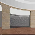 Elegant Front Desk Backdrop With Arched Columns Textured Surface Warm Lighting And Wooden Flooring