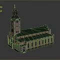 Classical Church Building With Clock Tower Golden Spire Green Roof And Pink Walls