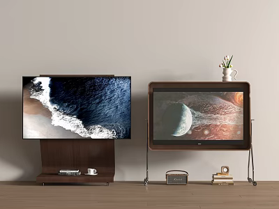 Two Televisions On Wooden Stands Displaying Ocean Waves And Planets Scenes 3d model