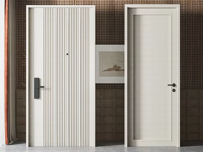 White Modern Swing Doors With Paneled And Smooth Surface Designs On Tiled Wall Background 3d model