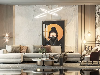 Modern Sofa and Coffee Table Set with Beige Cushions Marble Wall Art and Pendant Lights 3d model