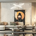 Modern Sofa and Coffee Table Set with Beige Cushions Marble Wall Art and Pendant Lights