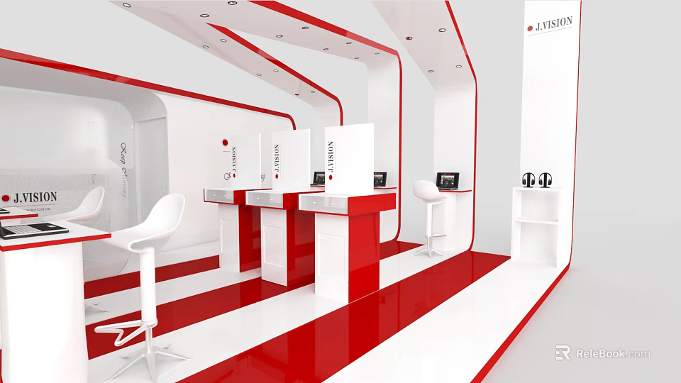 Modern Red And White Exhibition Booth Design With Display Counters White Seating And Digital Screens 3d model 