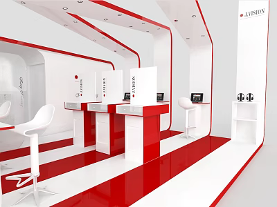 Modern Red And White Exhibition Booth Design With Display Counters White Seating And Digital Screens 3d model