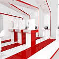 Modern Red And White Exhibition Booth Design With Display Counters White Seating And Digital Screens