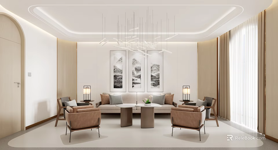 Modern Lounge Area Interior Design With Sofa Armchairs Coffee Table Pendant Lights And Decorative Paintings 3d model 