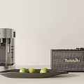 Modern Kitchen Appliances Showcasing Coffee Maker and Retro Speaker with Green Apples on Tray