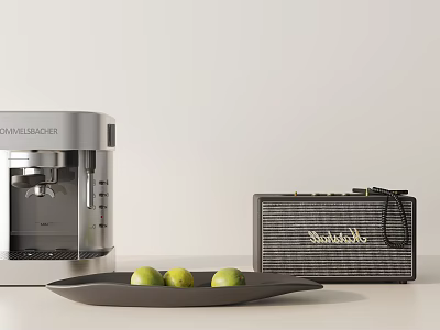 Modern Kitchen Appliances Showcasing Coffee Maker and Retro Speaker with Green Apples on Tray 3d model