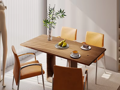 Modern Wooden Dining Table Set With Yellow Chairs Green Plant And Pears 3d model