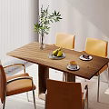 Modern Wooden Dining Table Set With Yellow Chairs Green Plant And Pears