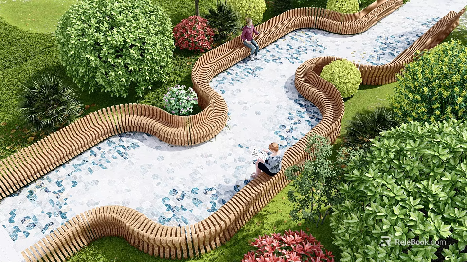 Curved Water Channel With Wooden Fences Lush Green Plants And Colorful Flowers In Garden Landscape 3d model 