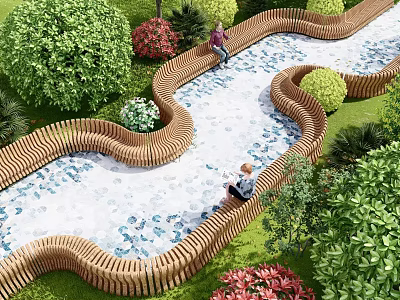 Curved Water Channel With Wooden Fences Lush Green Plants And Colorful Flowers In Garden Landscape 3d model