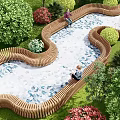 Curved Water Channel With Wooden Fences Lush Green Plants And Colorful Flowers In Garden Landscape