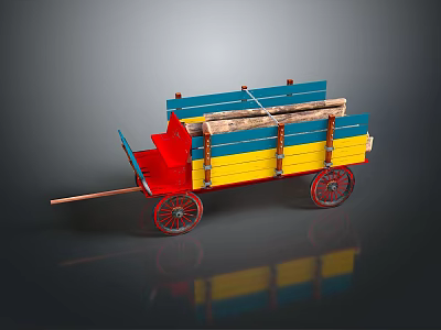 Vintage Wooden Cart With Blue Yellow Red Body And Spoked Wheels 3d model