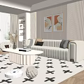 Modern Cream Style Sofa Coffee Table Combination Fabric Sofa Mother and Mother Coffee Table Pillow Decorative Painting Single Person Sofa 3d model