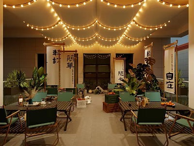 Japanese Outdoor Restaurant Dining Space With String Lights Scroll Decorations Green Plants And Wooden Tables 3d model