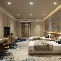 Modern Hotel Guest Room With Twin Beds Desk Chair TV Textured Wall And Patterned Carpet