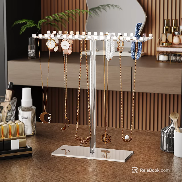 Modern Walk In Closet With Jewelry Organizer Necklaces Watches And Cosmetics On Dressing Table 3d model 