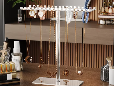 Modern Walk In Closet With Jewelry Organizer Necklaces Watches And Cosmetics On Dressing Table 3d model