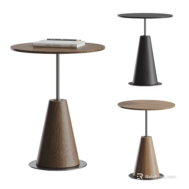 Modern Black Brown Wooden Side Tables With Conical Base Round Top And Metal Stand 3d model 