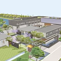 Modern Building Exterior With Waterfront Green Landscape Trees And Pathway