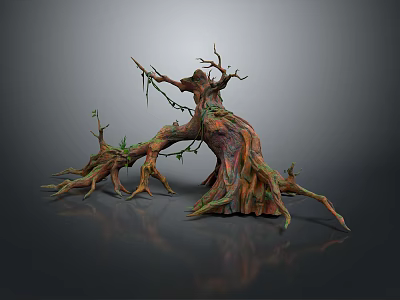 Wooden Stone Decorative Root Sculpture with Natural Vines and Green Moss for Artistic Decoration 3d model