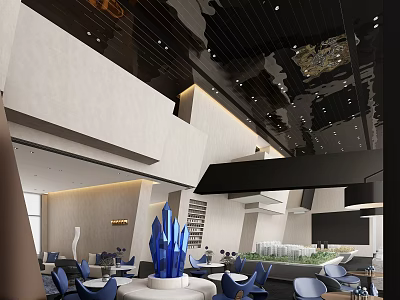 Modern Sales Office Interior Design With Blue Sculpture Tables Chairs And Lighting 3d model