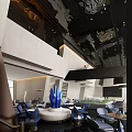 Modern Sales Office Interior Design With Blue Sculpture Tables Chairs And Lighting