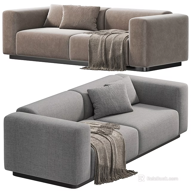 Modern Gray Fabric Two Seater Sofa With Soft Pillows And Cozy Throw Blanket 3d model