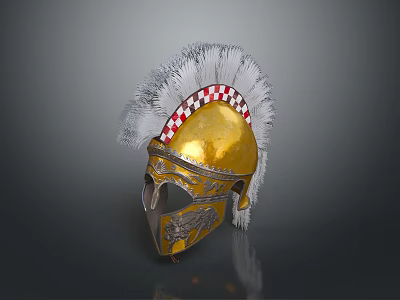 Golden Roman Warrior Helmet With White Plumes And Red White Checkered Accents 3d model