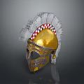 Golden Roman Warrior Helmet With White Plumes And Red White Checkered Accents
