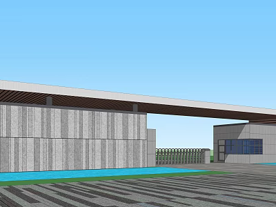 Modern Entrance Gate With Gray Wall Long Roof Blue Pool And Paved Ground 3d model