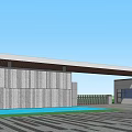 Modern Entrance Gate With Gray Wall Long Roof Blue Pool And Paved Ground