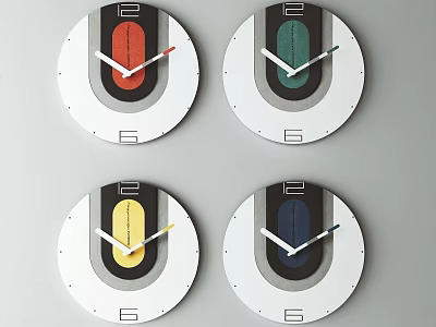 Four Round Clocks With Different Colored Hands And Inner Design On Gray Wall 3d model