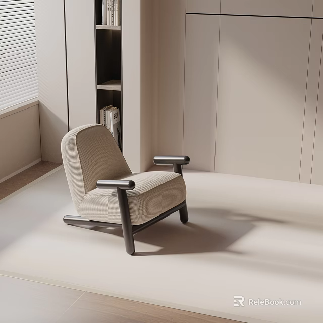 Beige Accent Chair with Black Armrests Legs in Bright Interior with Bookshelf and Window Blinds 3d model 