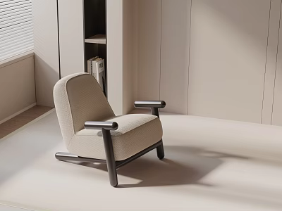 Beige Accent Chair with Black Armrests Legs in Bright Interior with Bookshelf and Window Blinds 3d model