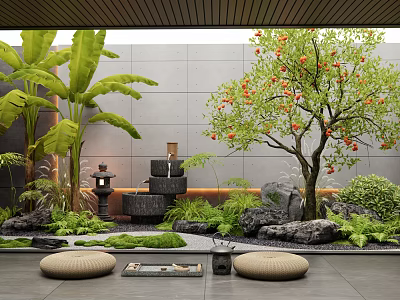 Serene Indoor Landscape With Green Plants Rocks Water Feature And Floor Cushions 3d model