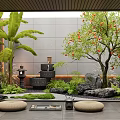 Serene Indoor Landscape With Green Plants Rocks Water Feature And Floor Cushions