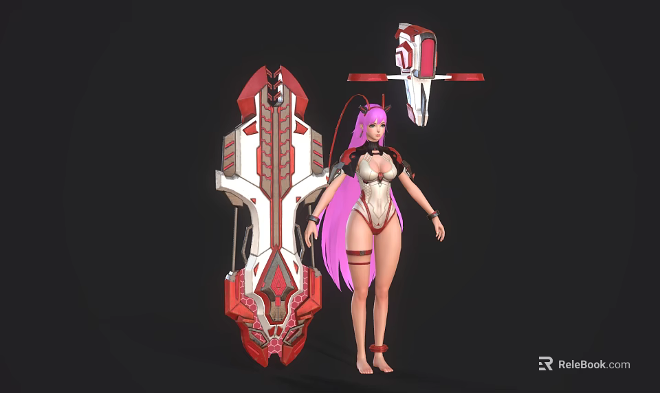 Woman With Long Pink Hair Wearing White And Pink Outfit By Red White Mechanical Devices 3d model 