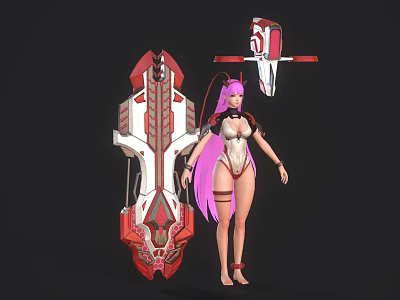 Woman With Long Pink Hair Wearing White And Pink Outfit By Red White Mechanical Devices 3d model