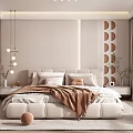 Modern Bedroom Interior With White Bed Brown Blanket Circular Wall Decor And Green Plant