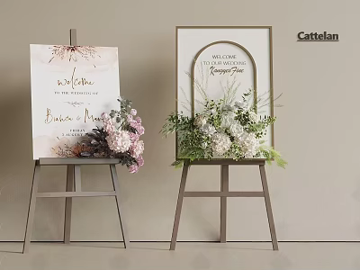 Elegant Wedding Welcome Sign With Easel Stand And Floral Arrangements 3d model