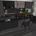 Modern Kitchen Interior With Dark Countertop Island And Orange Black Dining Chairs