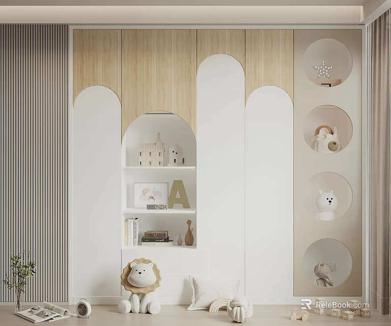 Wooden And White Decorative Cabinet In Kids Room With Circular Niches And Animal Dolls 3d model 