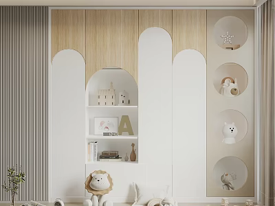 Wooden And White Decorative Cabinet In Kids Room With Circular Niches And Animal Dolls 3d model