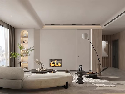 Modern Open Concept Living And Dining Room With Beige Sofa Dining Table And Decorative Lighting 3d model