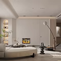Modern Open Concept Living And Dining Room With Beige Sofa Dining Table And Decorative Lighting