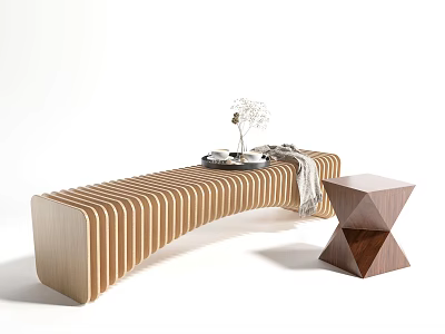 Wooden Curved Public Chair Featuring Striped Design And Geometric Stool With Tray Decorations 3d model
