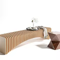 Wooden Curved Public Chair Featuring Striped Design And Geometric Stool With Tray Decorations